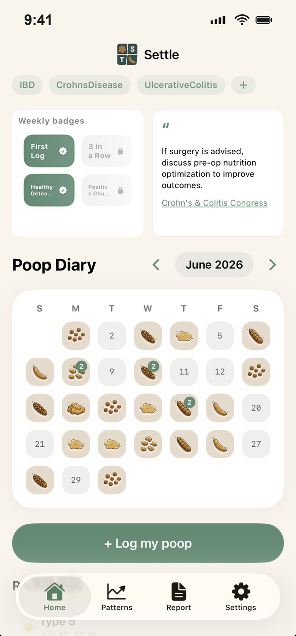 Settle app dashboard showing the poop diary calendar, Bristol Stool Scale, and trigger tags