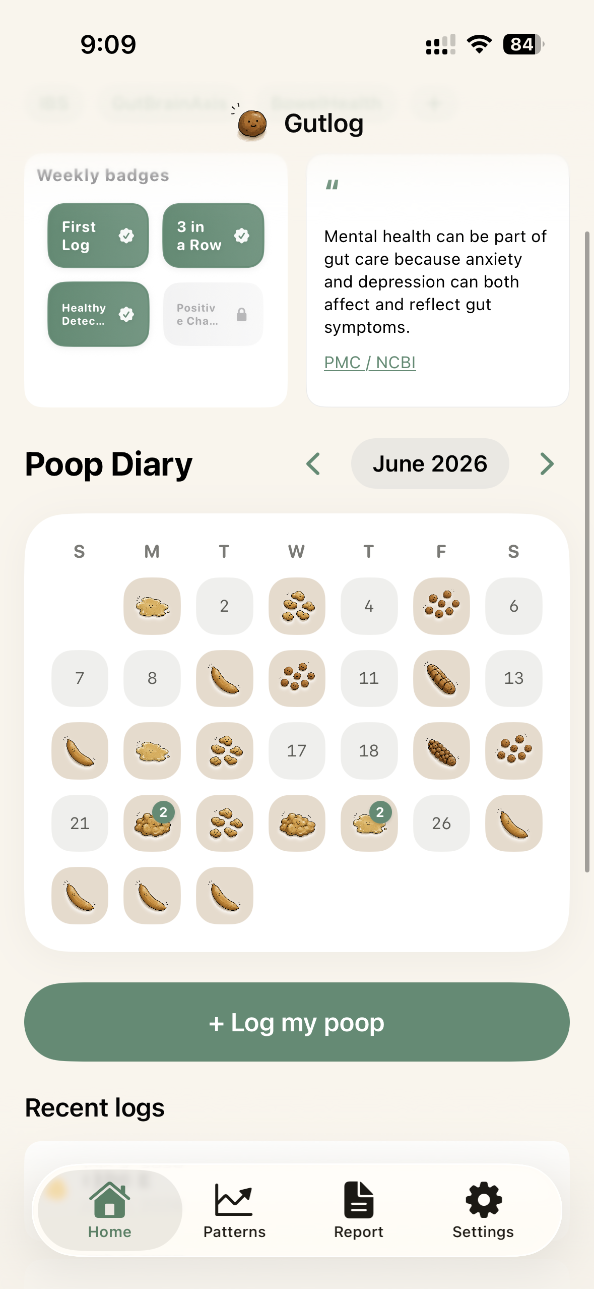 Gut Log home screen showing the Poop Diary calendar, weekly badges, and a research-backed insight